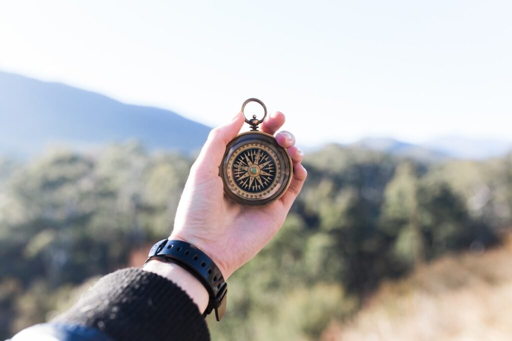 an arm holding a compass